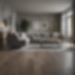 Stylish living room featuring grayish hardwood floors with elegant furniture