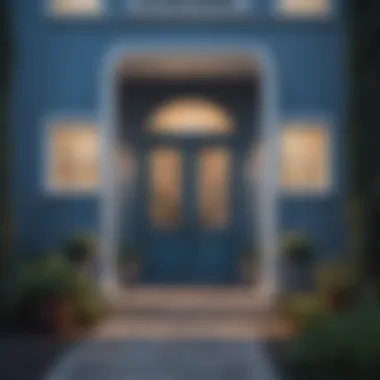 Elegant Exterior Color Combination An exterior view of a house painted in various shades of blue and white.