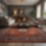 An elegant low pile rug showcasing intricate patterns in a modern living room setting.