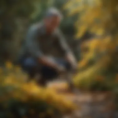 Gardener Treating Yellow Spotted Leaves Home gardener applying treatment to affected plants