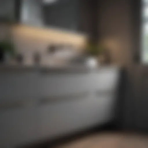 Sophisticated gray bathroom cabinet with elegant hardware