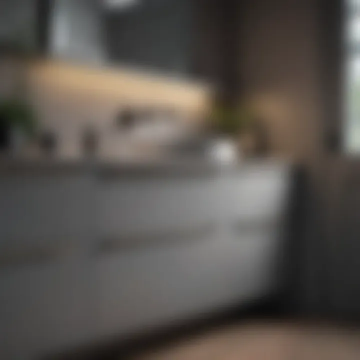 Sophisticated gray bathroom cabinet with elegant hardware