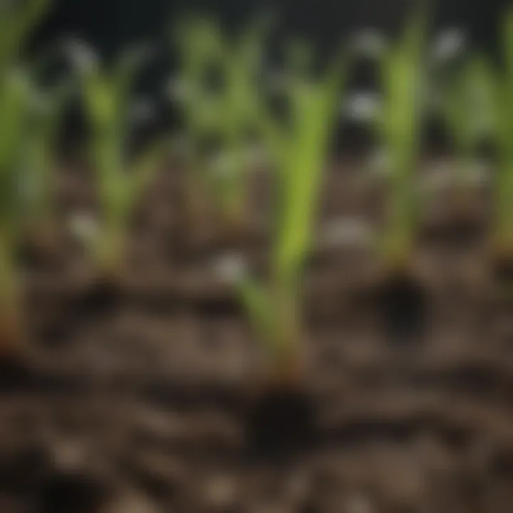 Detailed view of healthy corn seedlings emerging from the soil