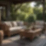 Elegant wicker patio furniture set positioned on a stylish outdoor deck
