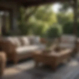 Elegant wicker patio furniture set positioned on a stylish outdoor deck